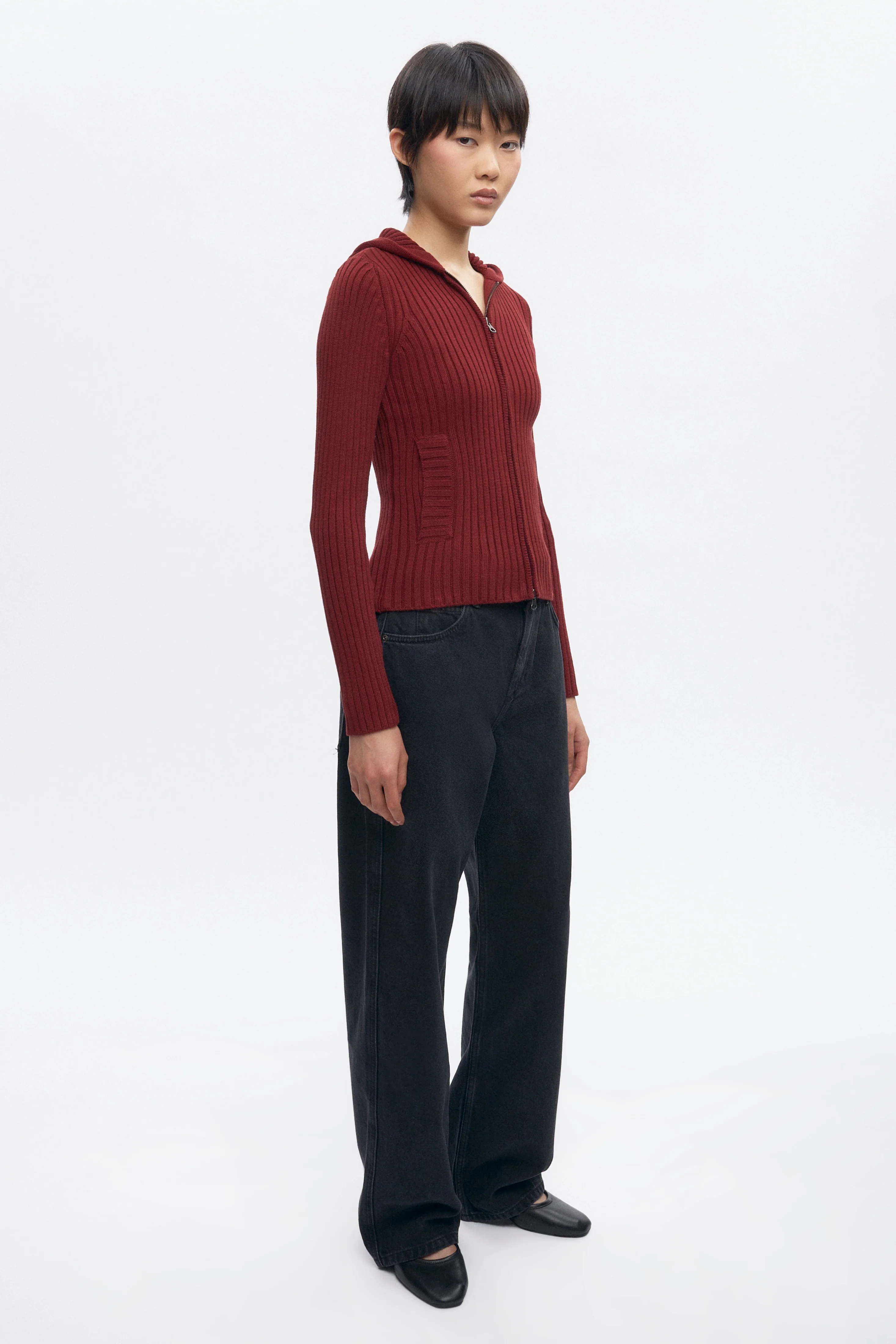 Women's Rib Zip Hoodie in Cabernet - Image 5