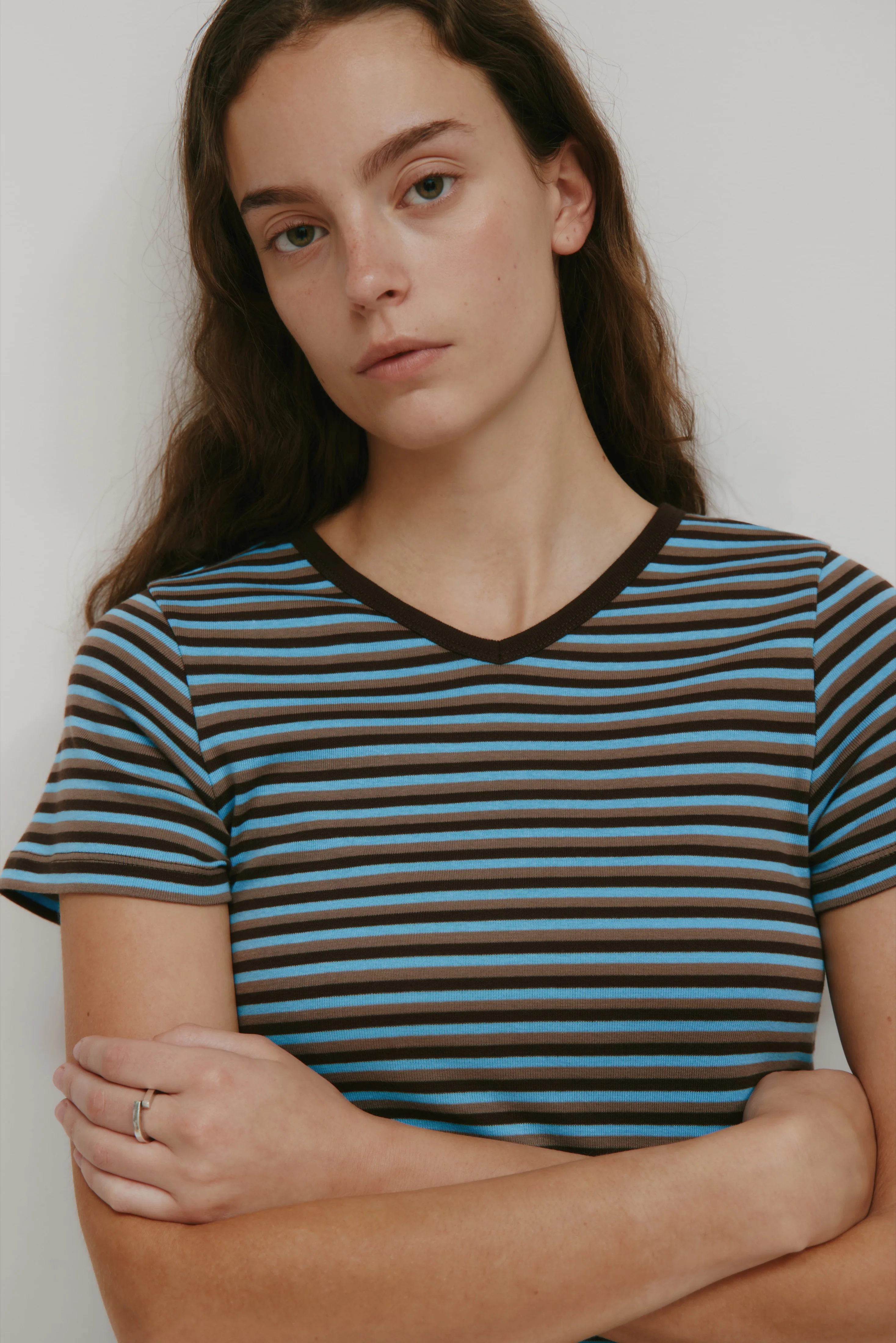 Women's Shortsleeve Mini Dress in Espresso/Taupe/Azure Stripe - Image 3