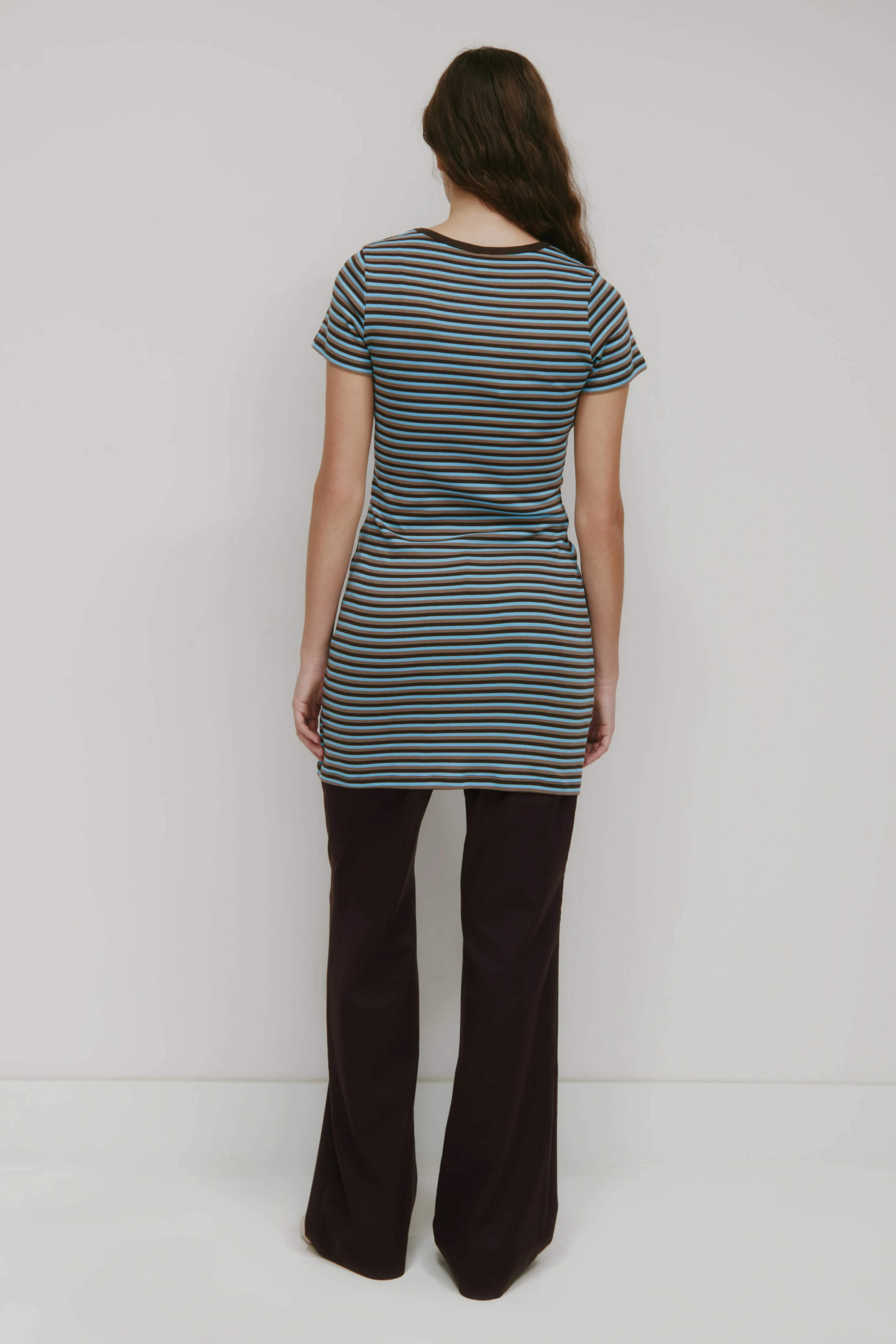 Women's Shortsleeve Mini Dress in Espresso/Taupe/Azure Stripe - Image 4