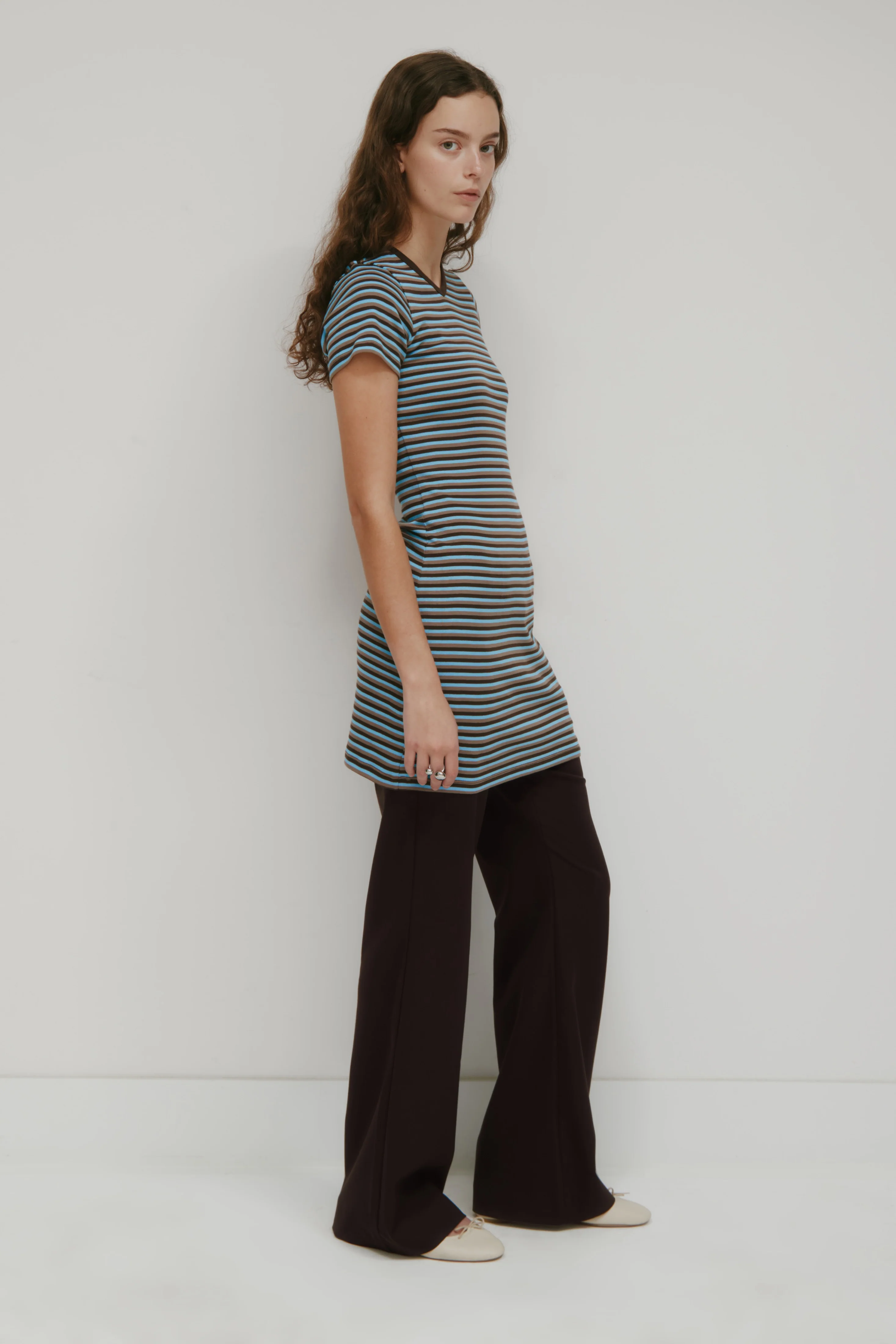 Women's Shortsleeve Mini Dress in Espresso/Taupe/Azure Stripe - Image 5