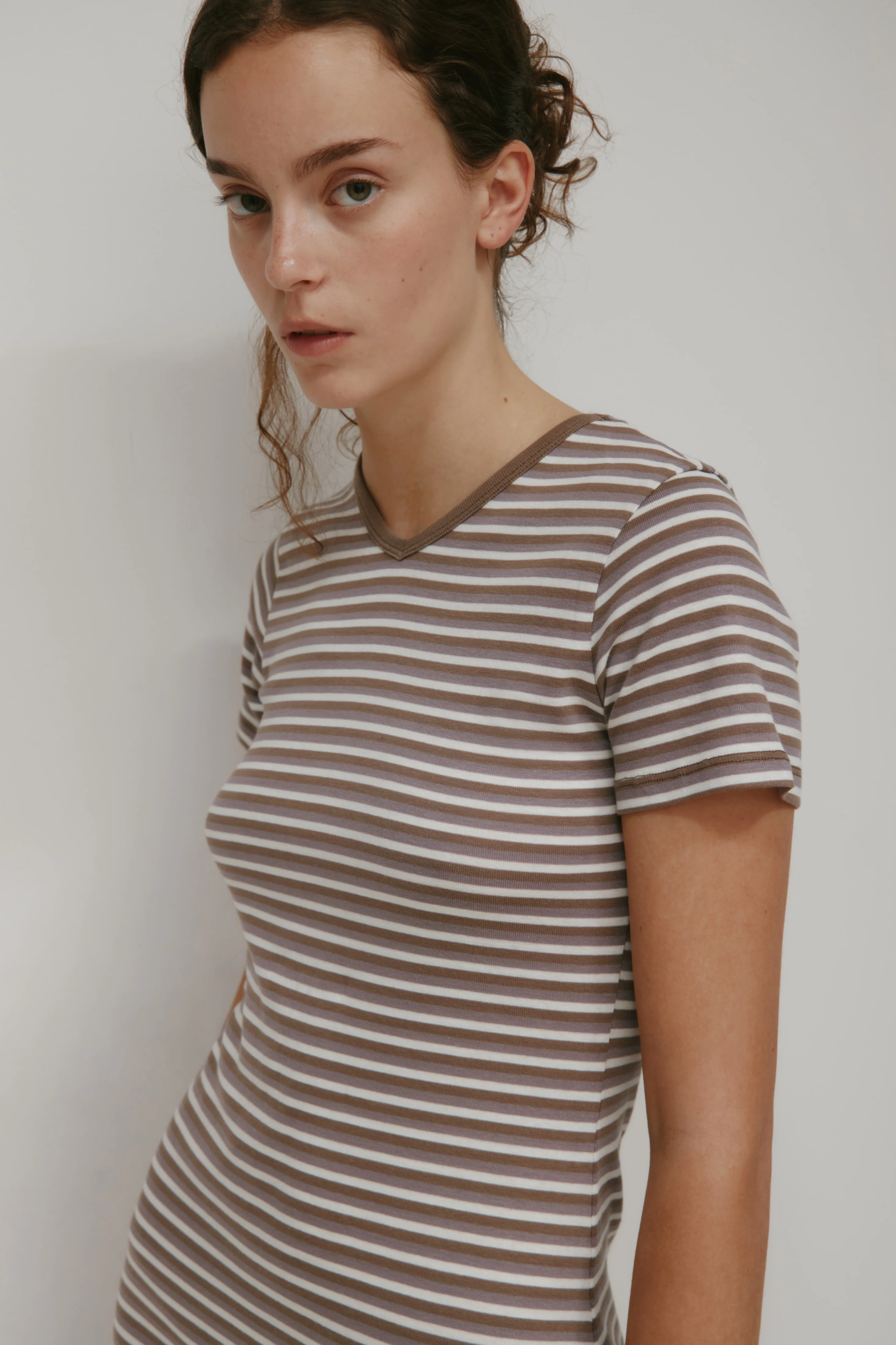 Women's Shortsleeve Mini Dress in Taupe/Dusty Grape/Marshmallow Stripe - Image 4