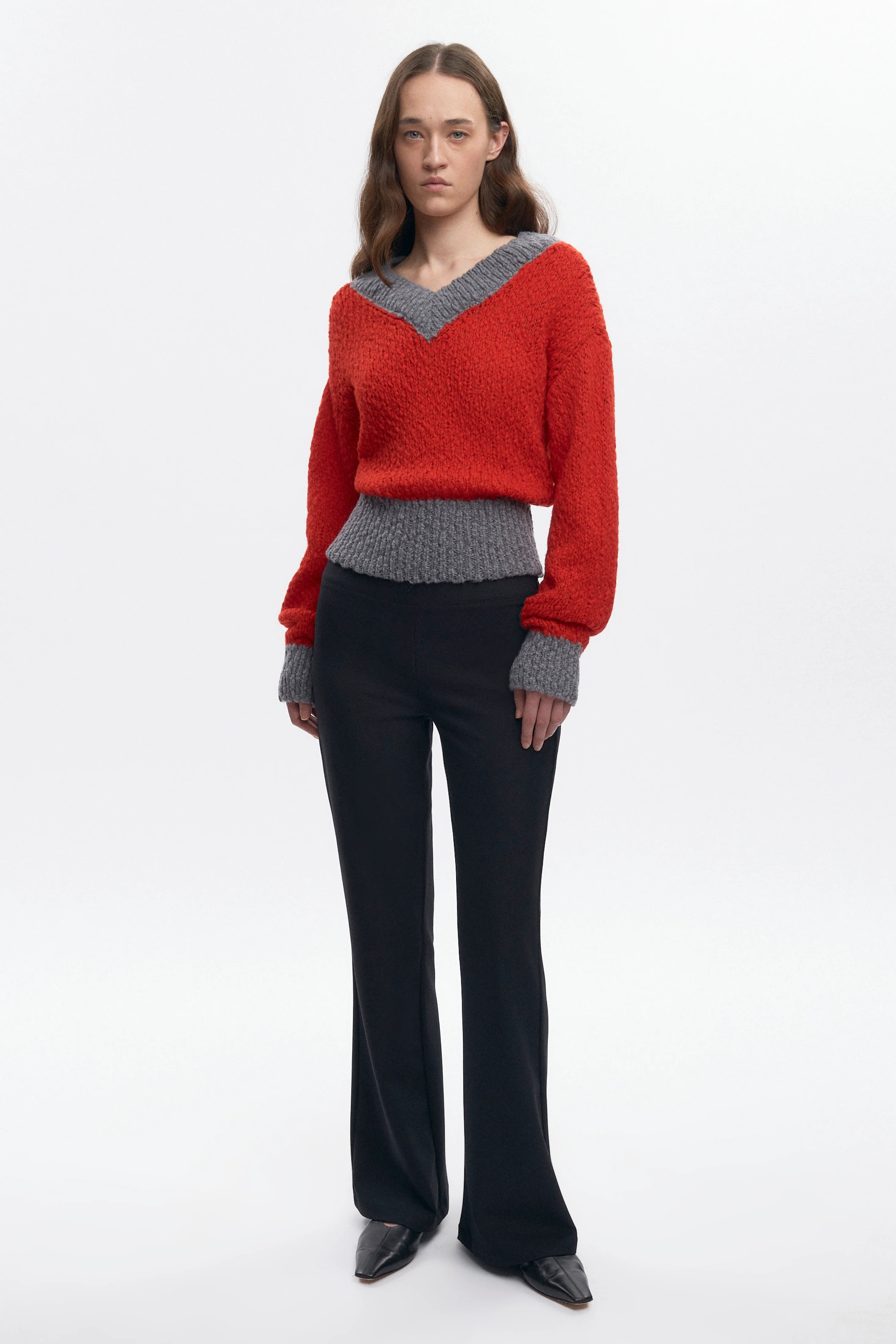 Women's Sia V-neck Sweater in Fiery Red/Medium Grey - Image 3