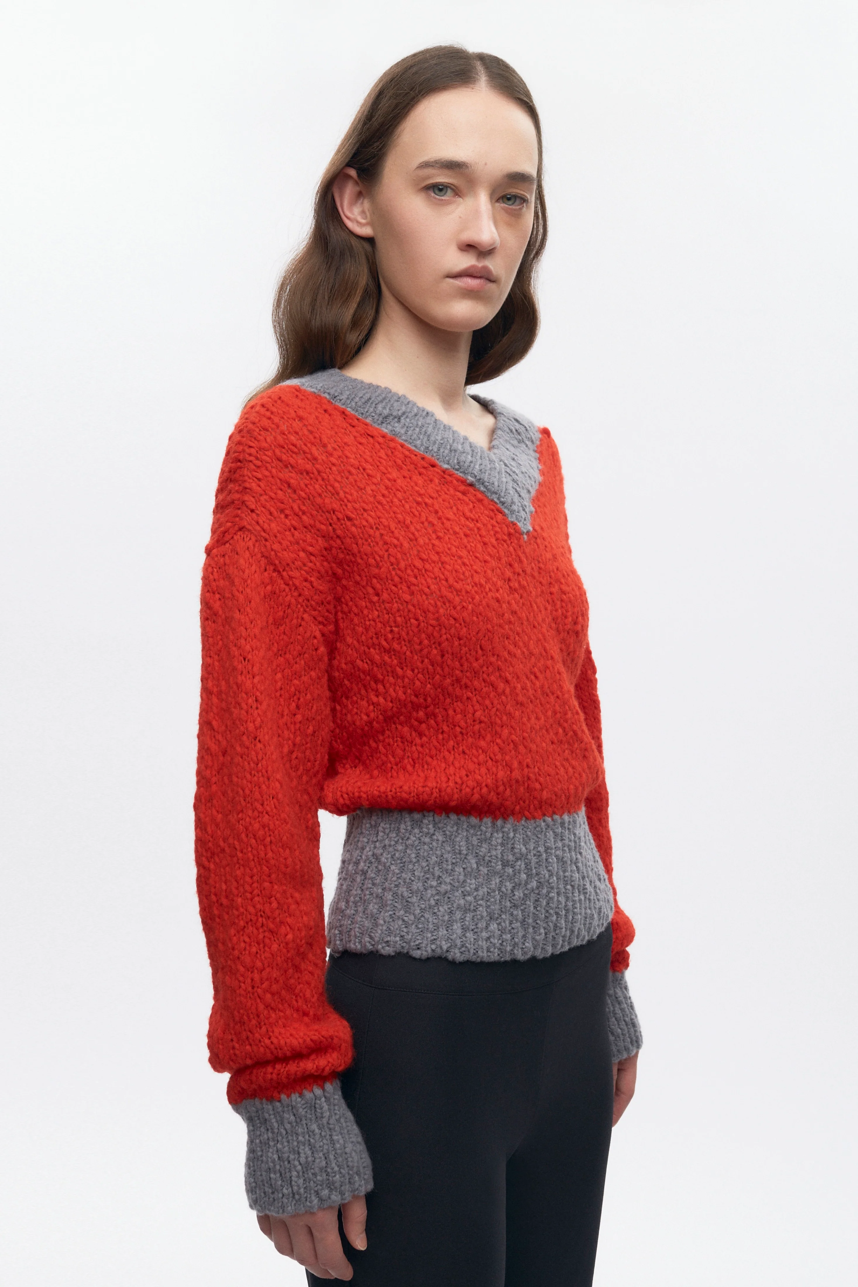 Women's Sia V-neck Sweater in Fiery Red/Medium Grey - Image 4