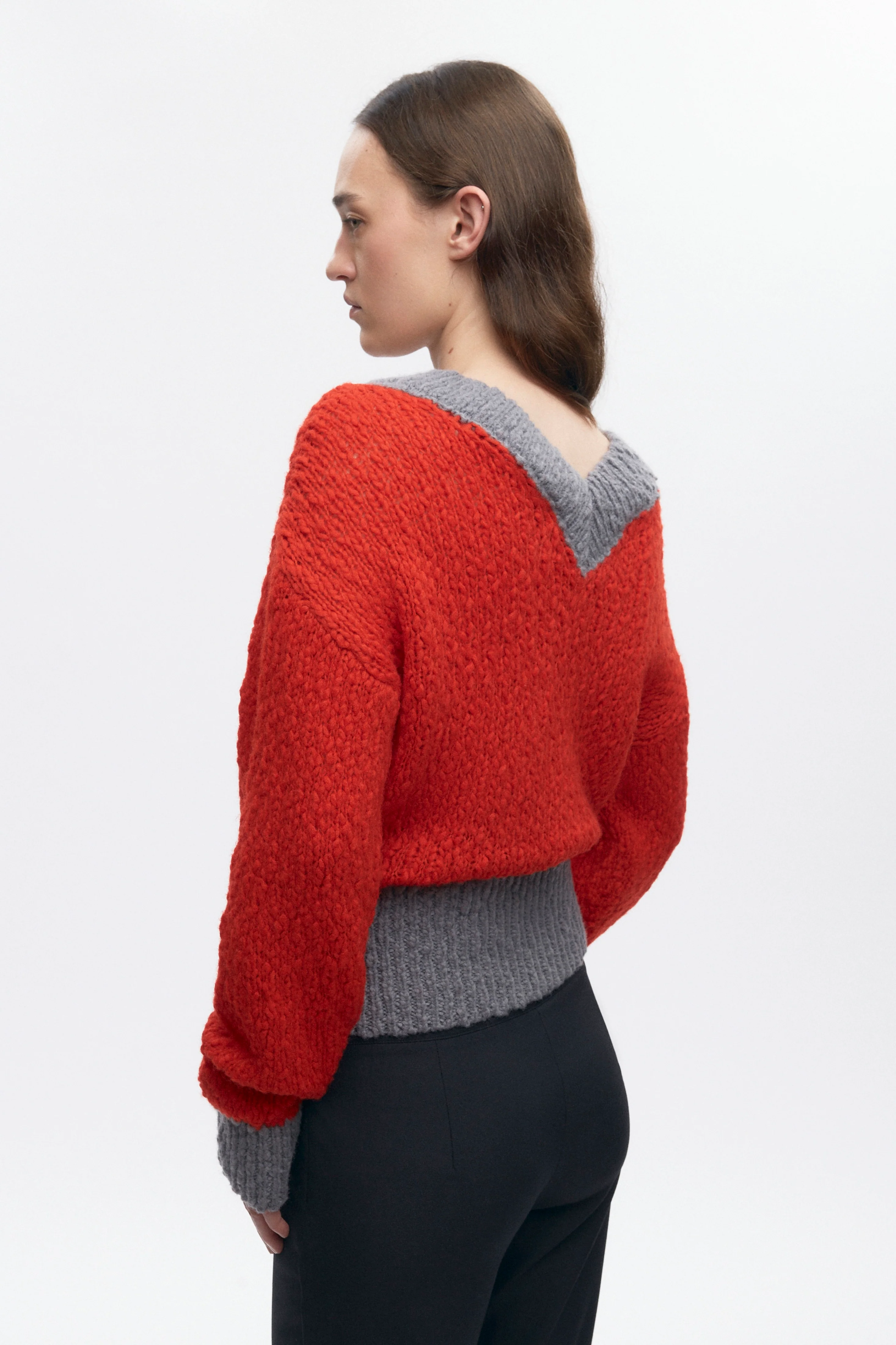 Women's Sia V-neck Sweater in Fiery Red/Medium Grey - Image 5