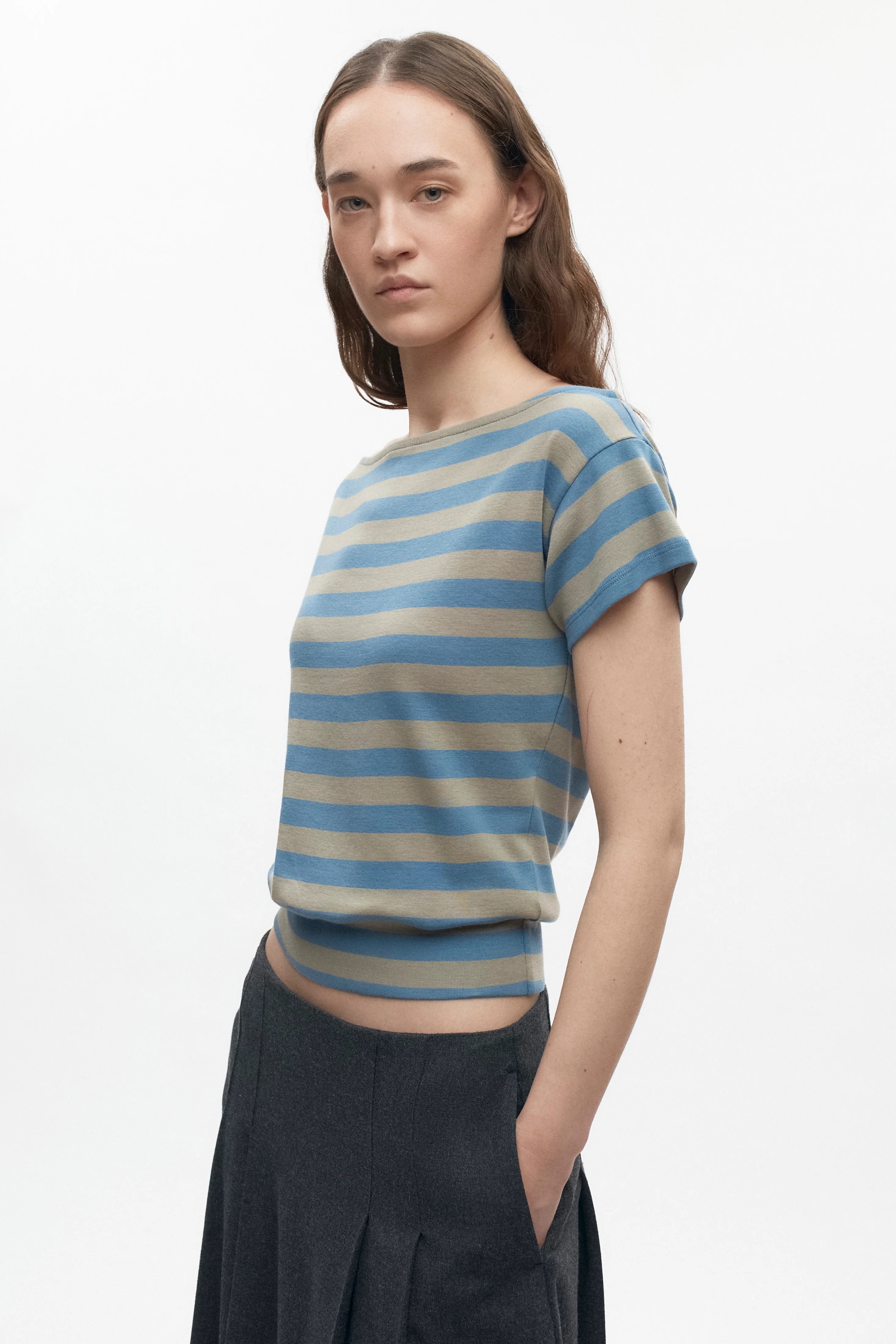 Women's Striped Boatneck Banded Tee in Delta/Desert Stripe - Image 3