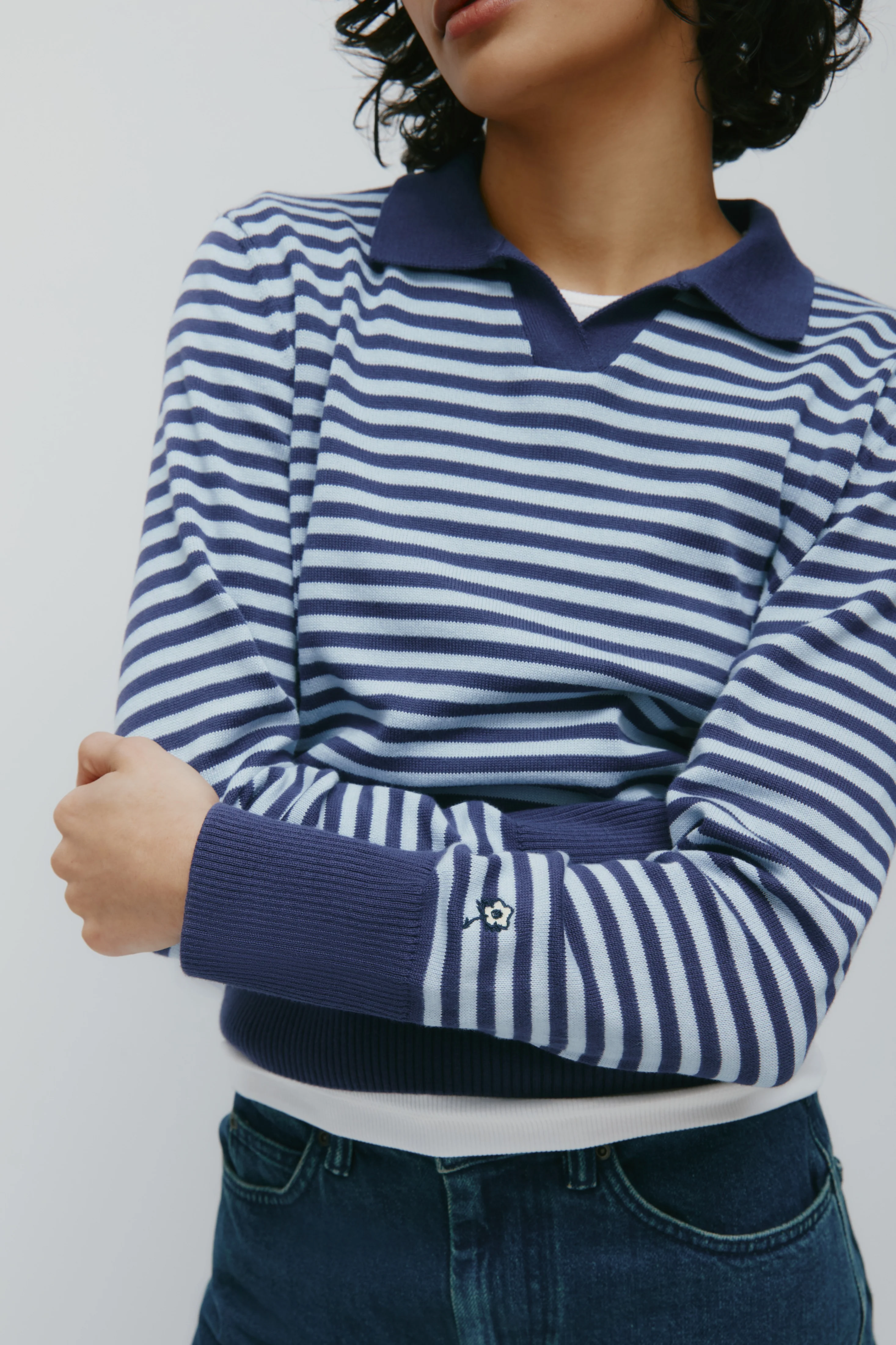 Women's Varsity Polo Sweater in Blue Aura/Dark Indigo Stripe - Image 3