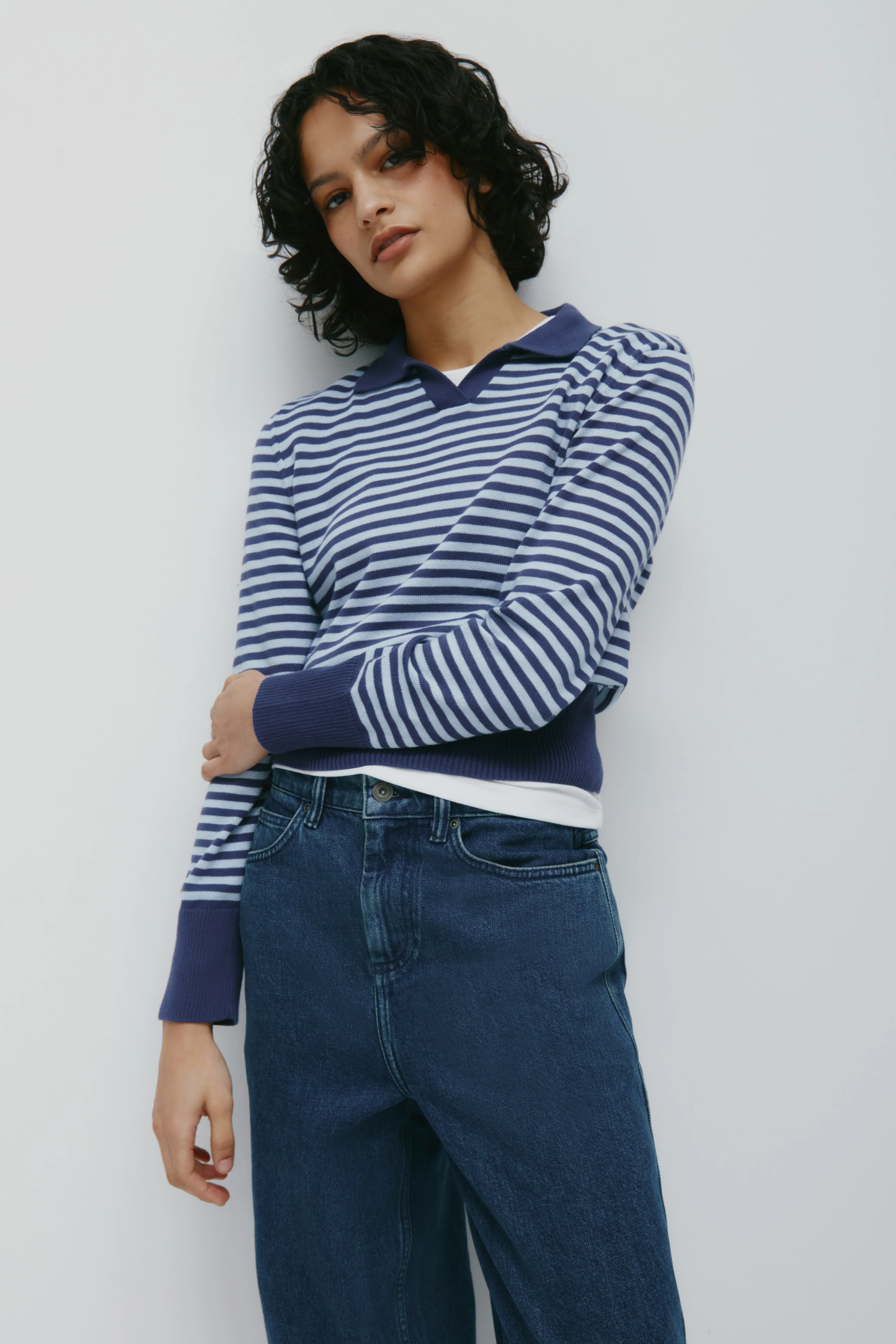 Women's Varsity Polo Sweater in Blue Aura/Dark Indigo Stripe - Image 4