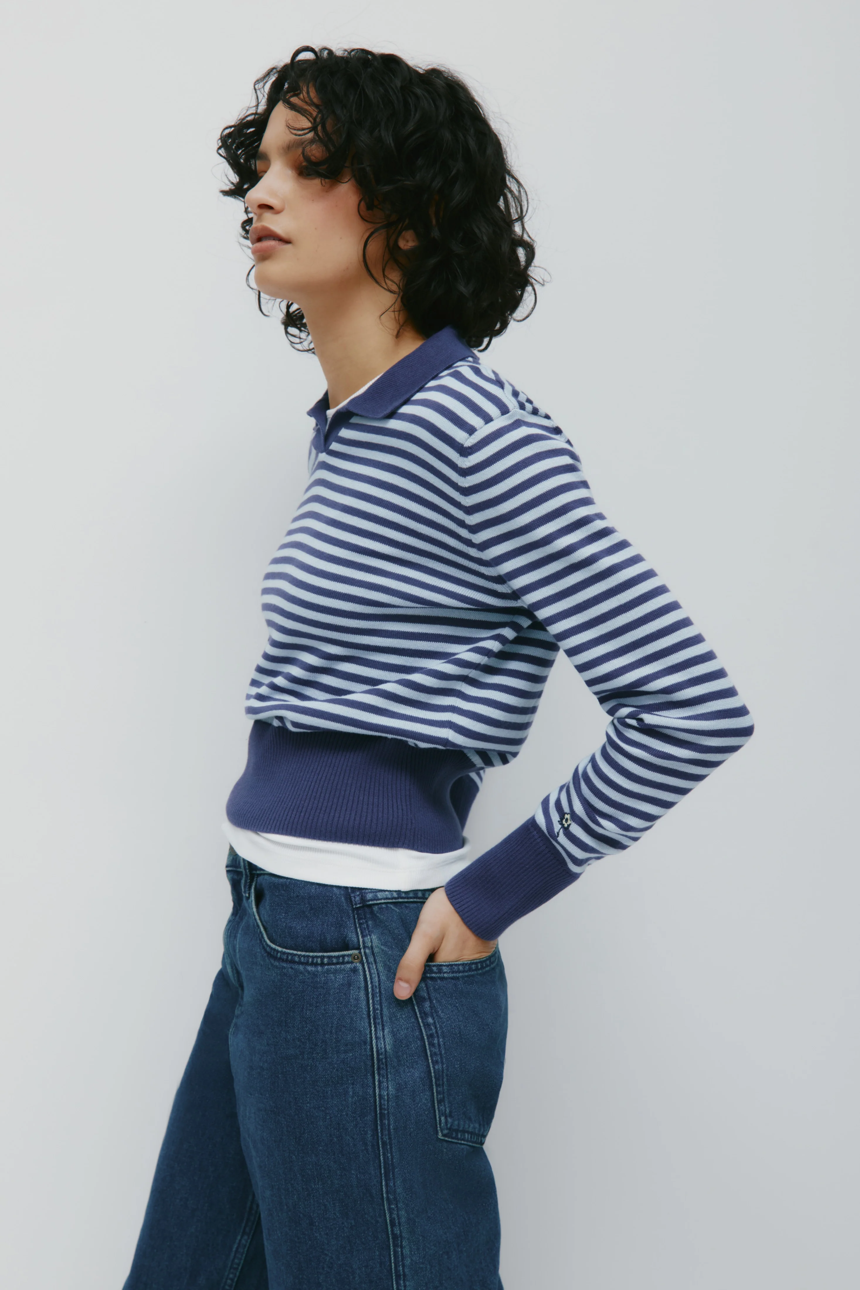 Women's Varsity Polo Sweater in Blue Aura/Dark Indigo Stripe - Image 5