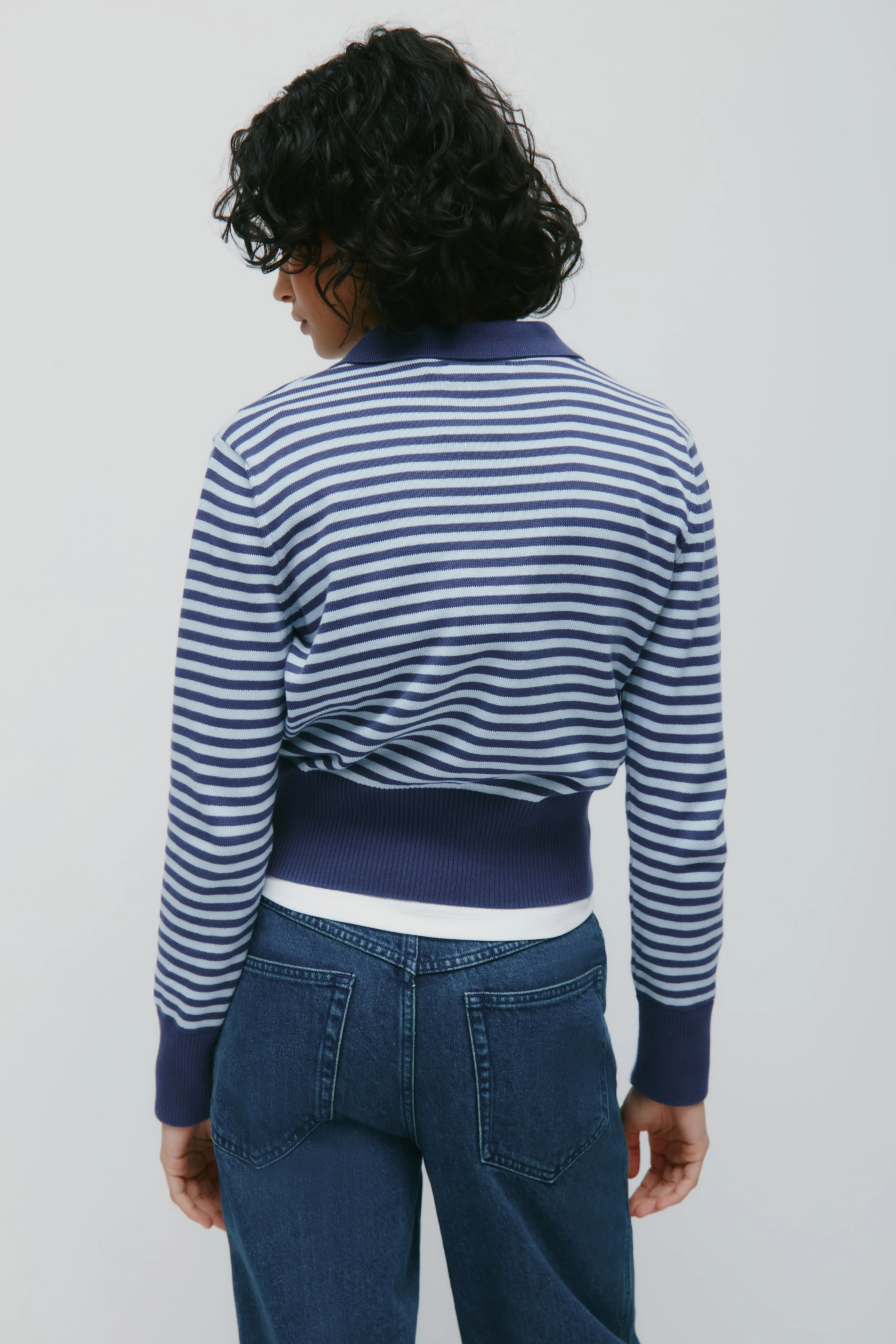 Women's Varsity Polo Sweater in Blue Aura/Dark Indigo Stripe - Image 6