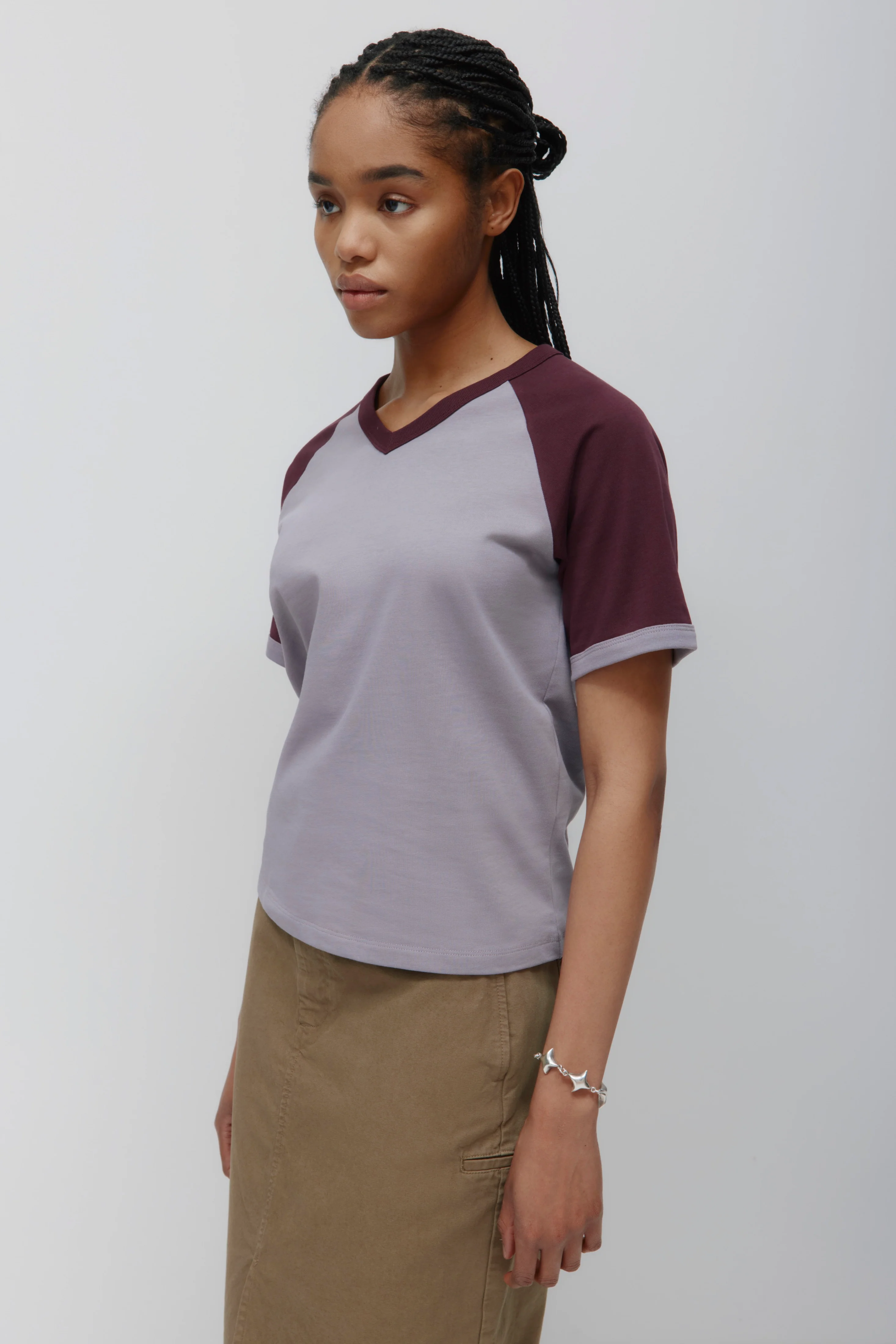 Women's Varsity V-neck Tee in Dusty Grape/Plum - Image 3