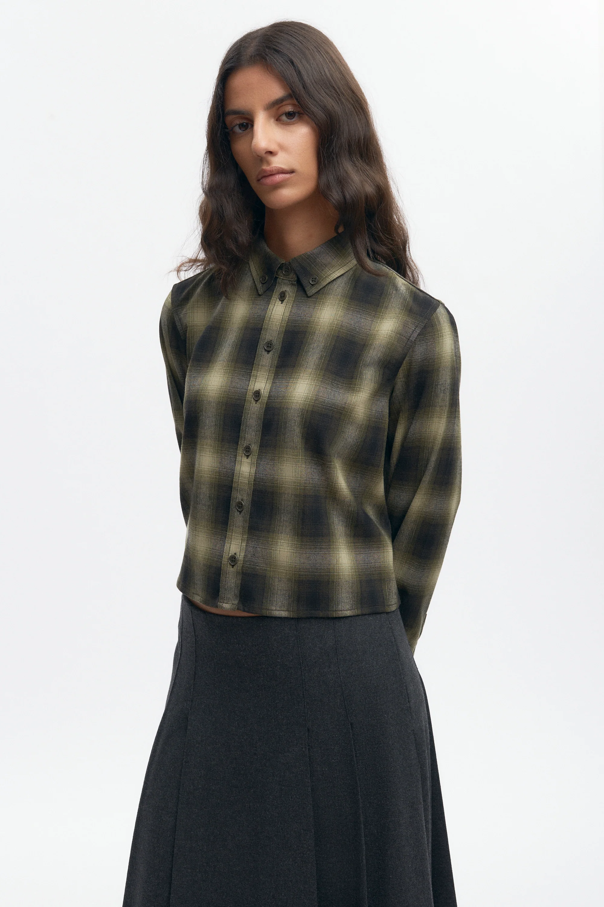 Women's Wool Flannel Shirt in Olive Plaid - Image 3