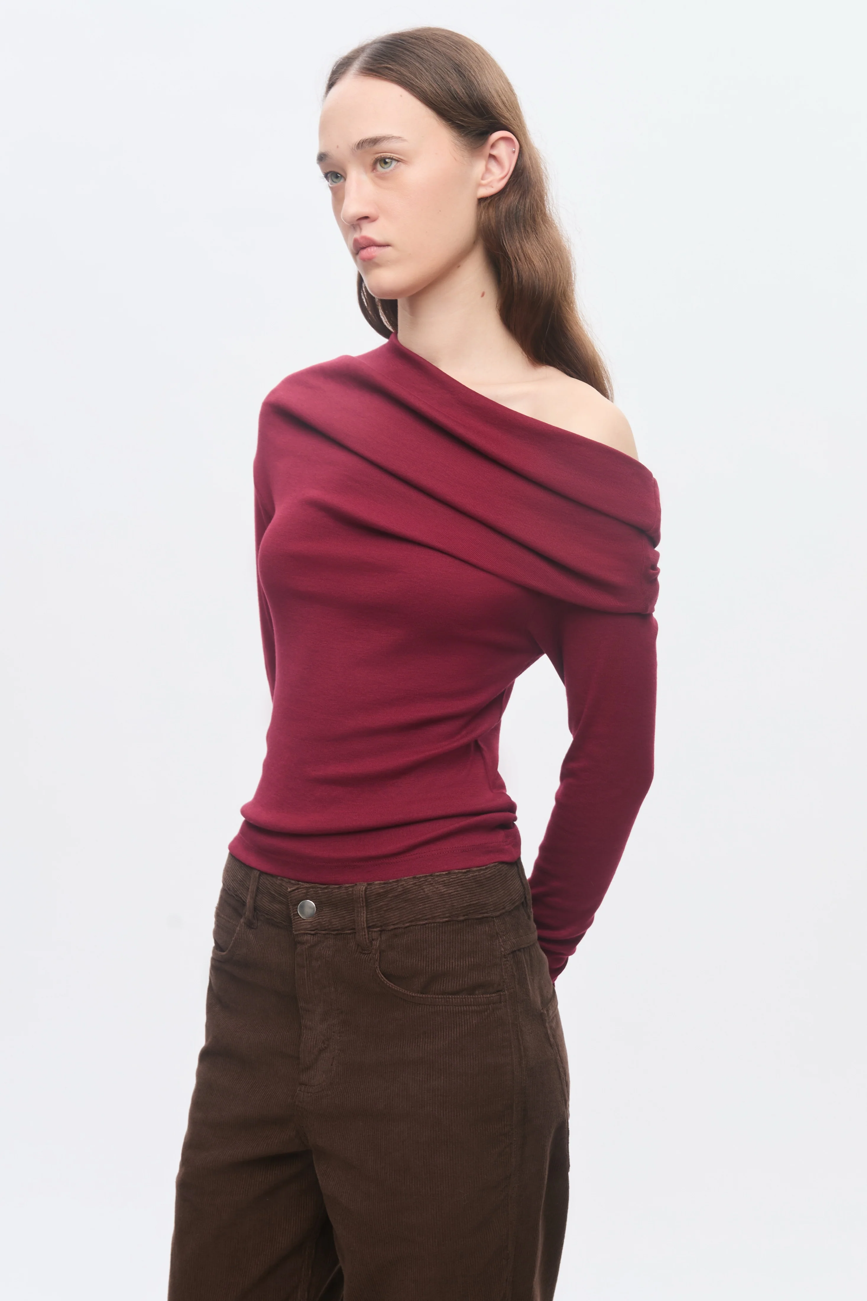 Women's Zahra Off Shoulder Longsleeve in Cabernet - Image 2