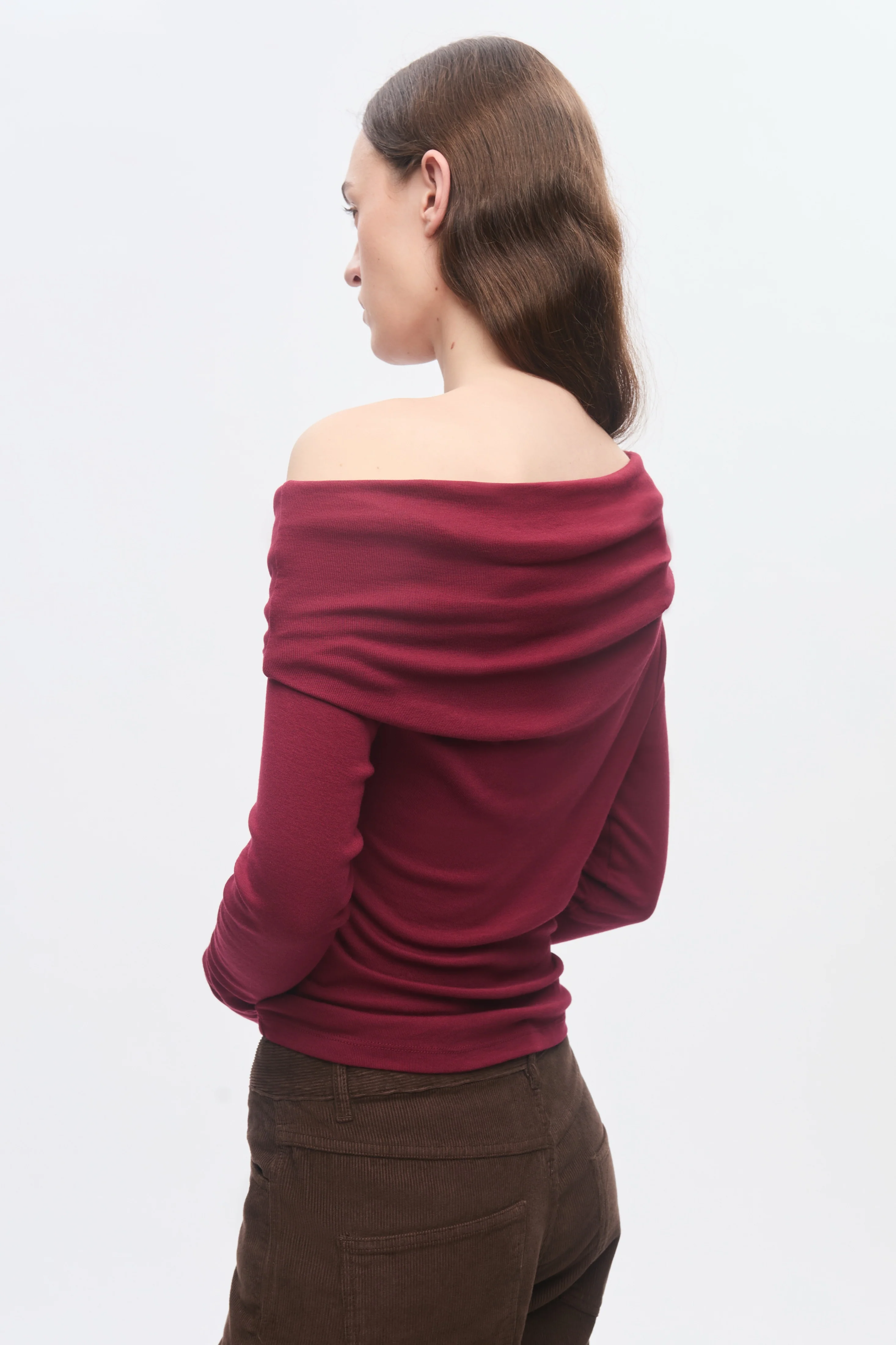 Women's Zahra Off Shoulder Longsleeve in Cabernet - Image 3