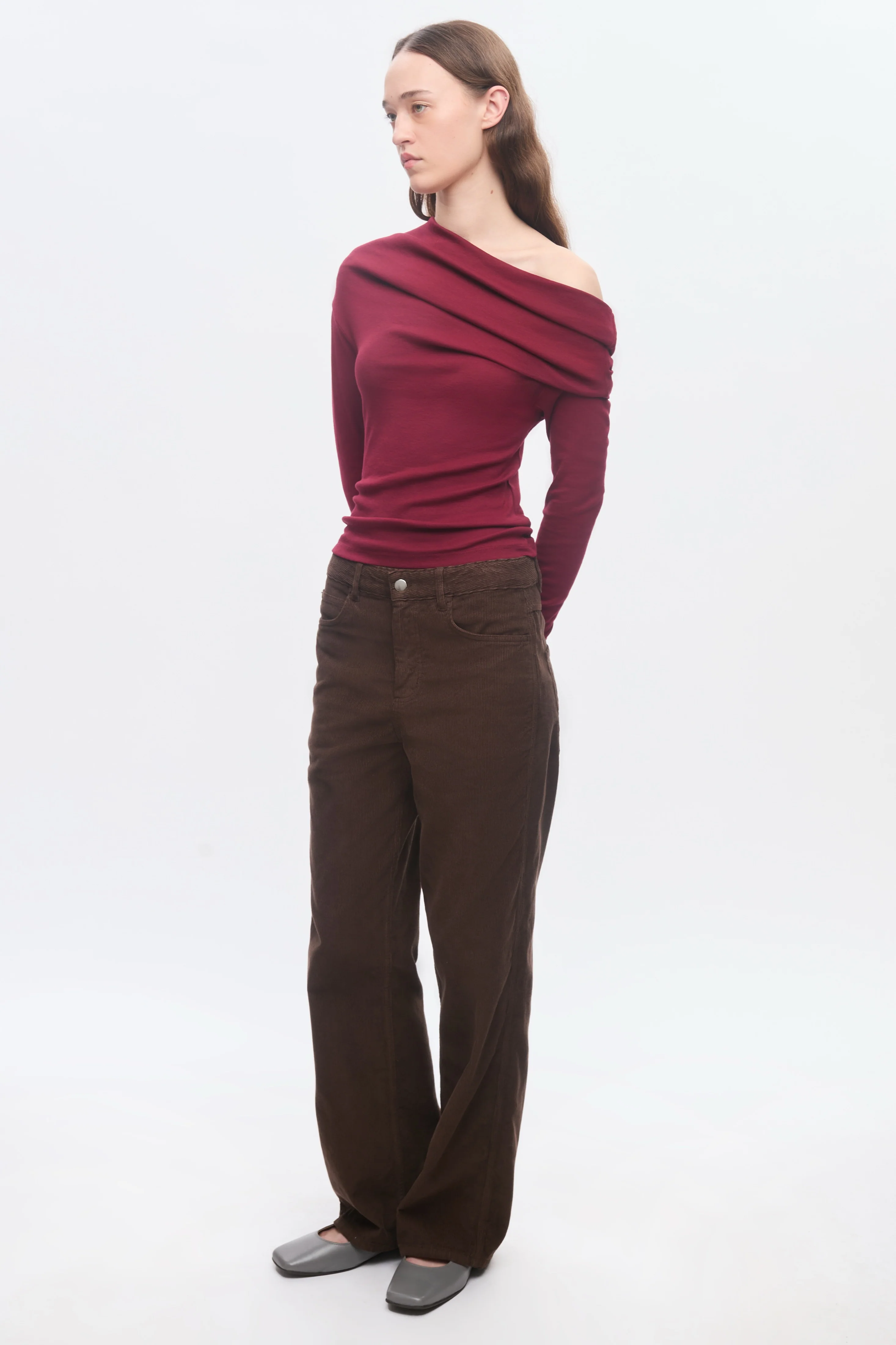 Women's Zahra Off Shoulder Longsleeve in Cabernet - Image 5